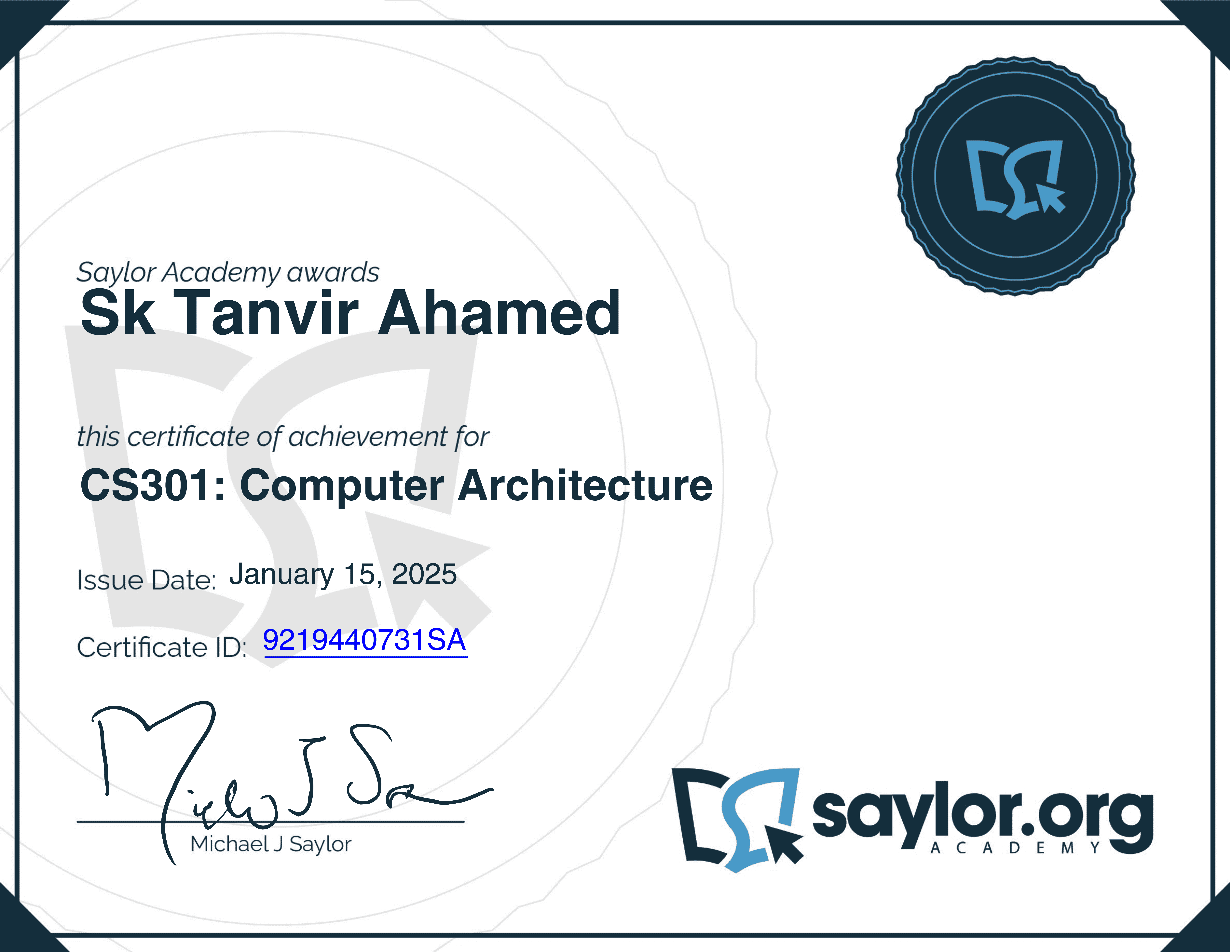 CS301: Computer Architecture Certificate from Saylor Academy
