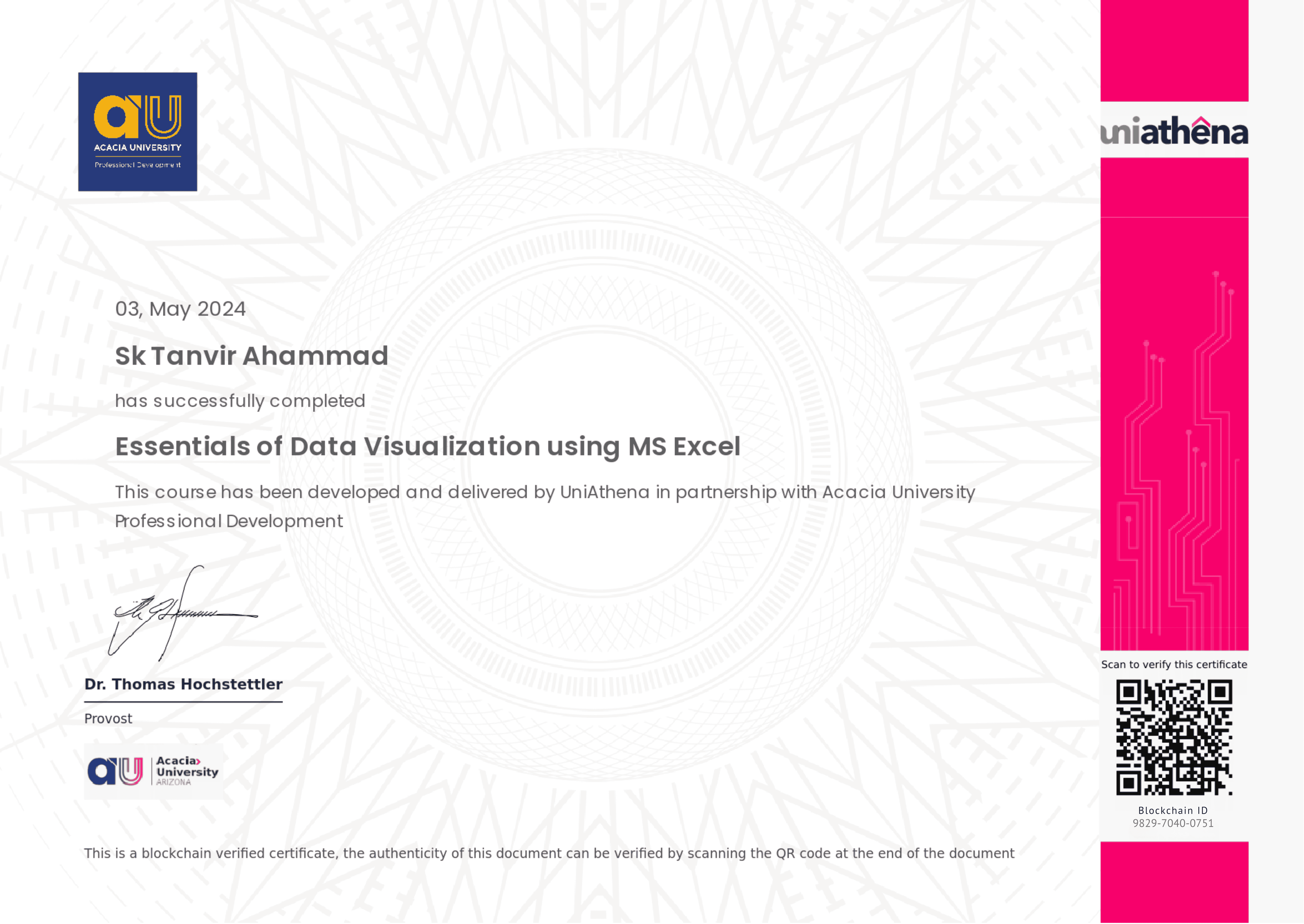 Essentials of Data Visualization Using Excel  Certificate from ACACIA UNIVERSITY, ARIZONA