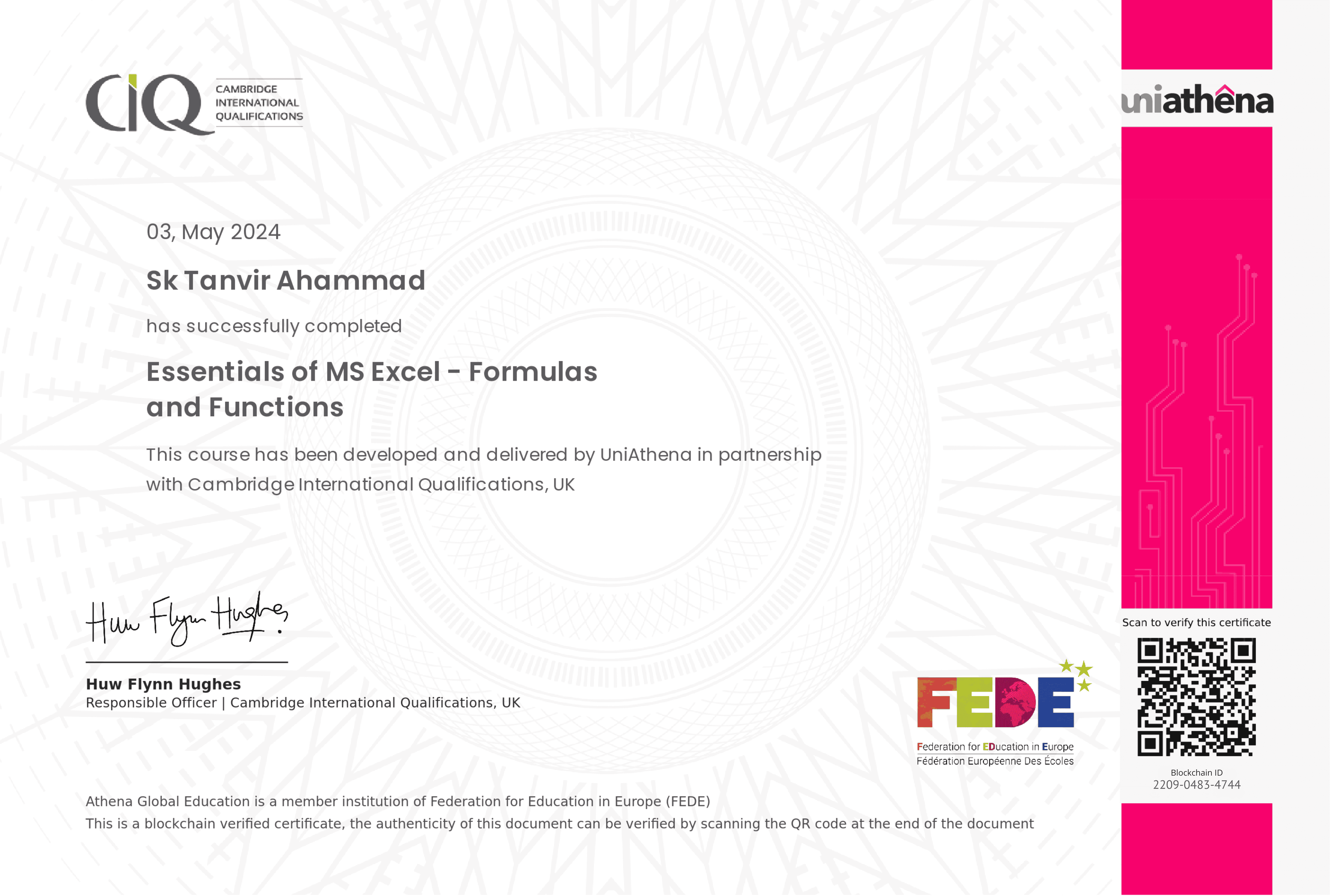 Essentials Of MS Excel Formulas & Functions  Certificate from Cambridge International Qualificationns