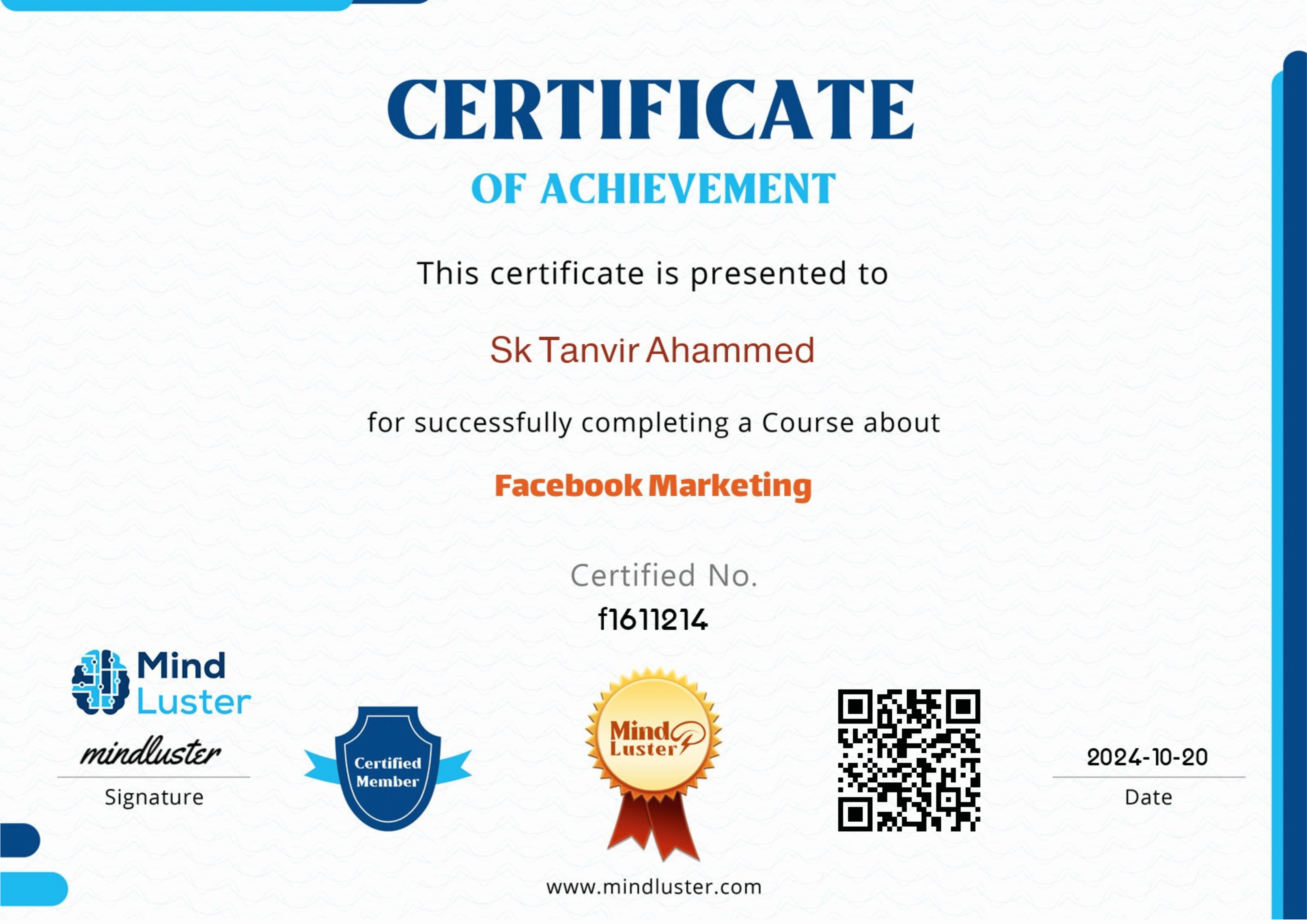 Facebook Marketing f1611214 Certificate from Mind Luster