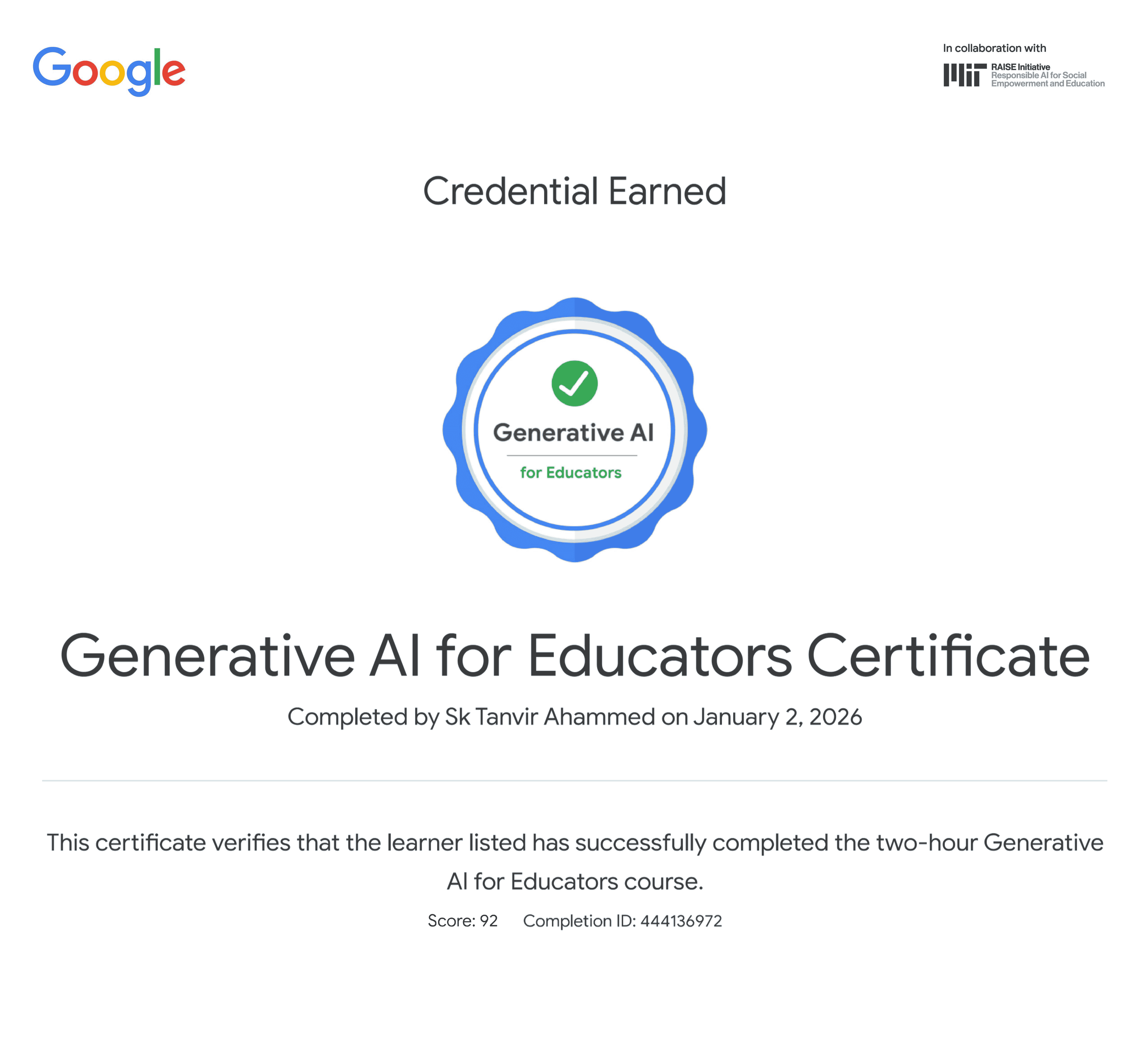 Generative AI for Educators Certificate from Google