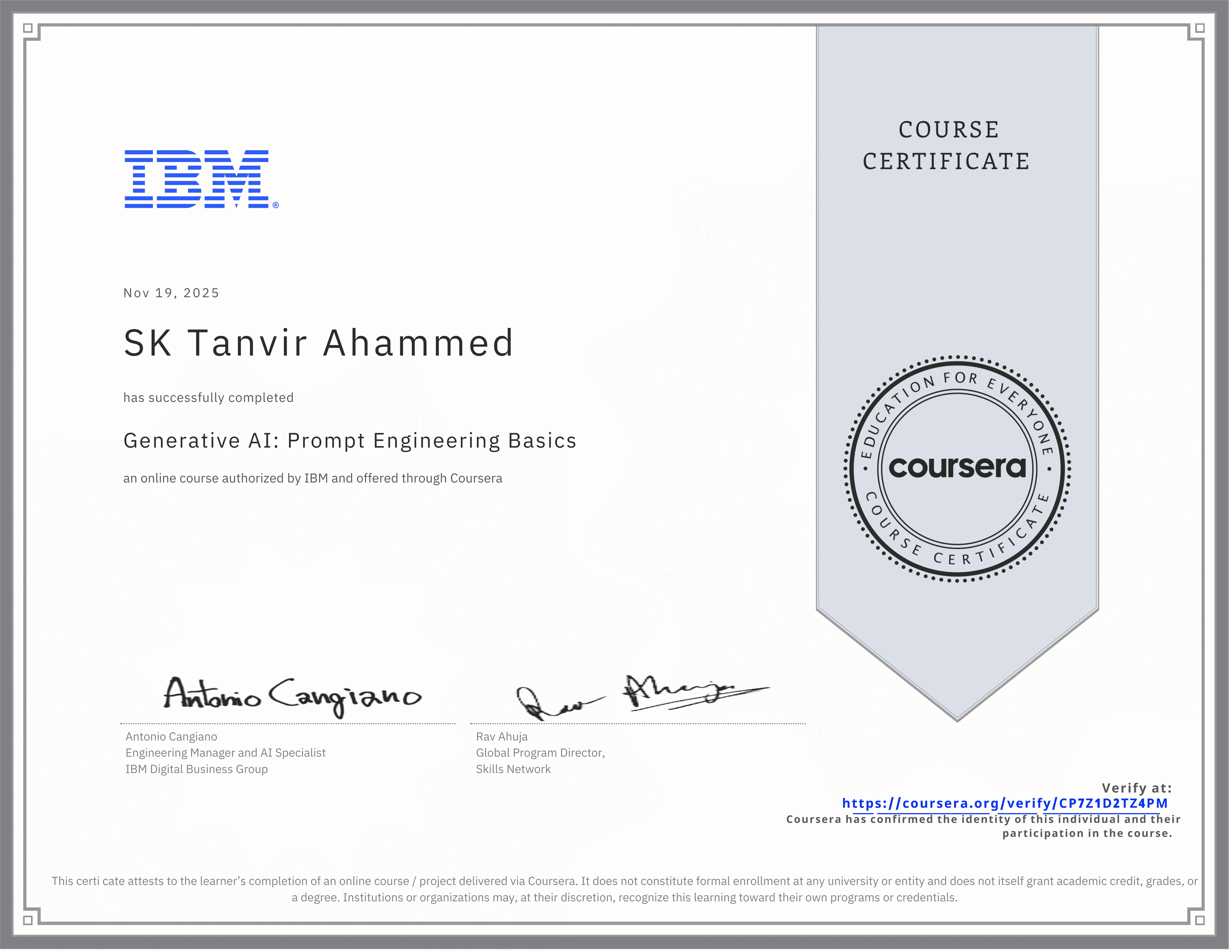 Generative AI: Prompt Engineering Basics CP7Z1D2TZ4PM from IBM