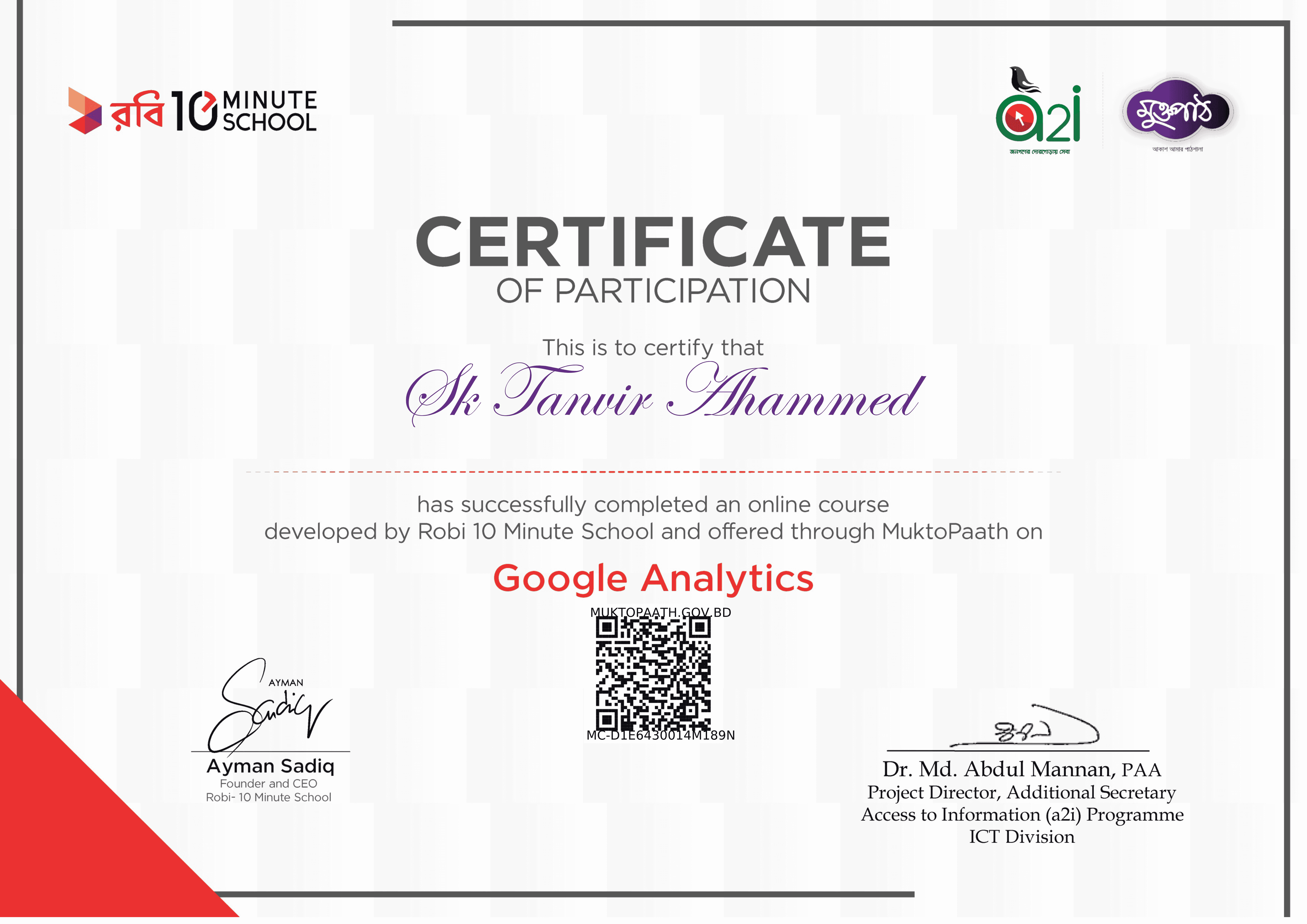 Google Analytics 20250115000129 Certificate from Robi 10 Minute School