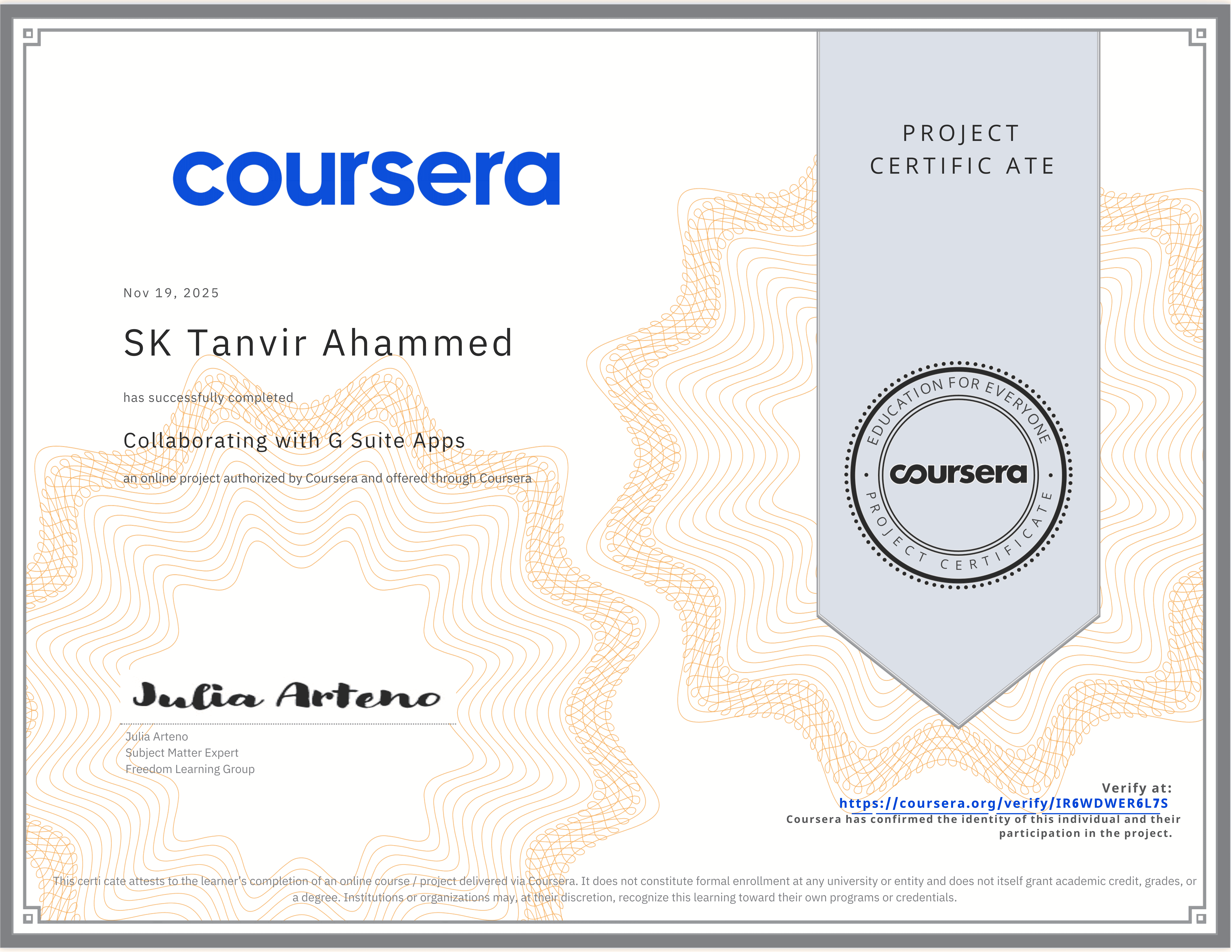 Collaborating with G Suite Apps Certificate from Coursera