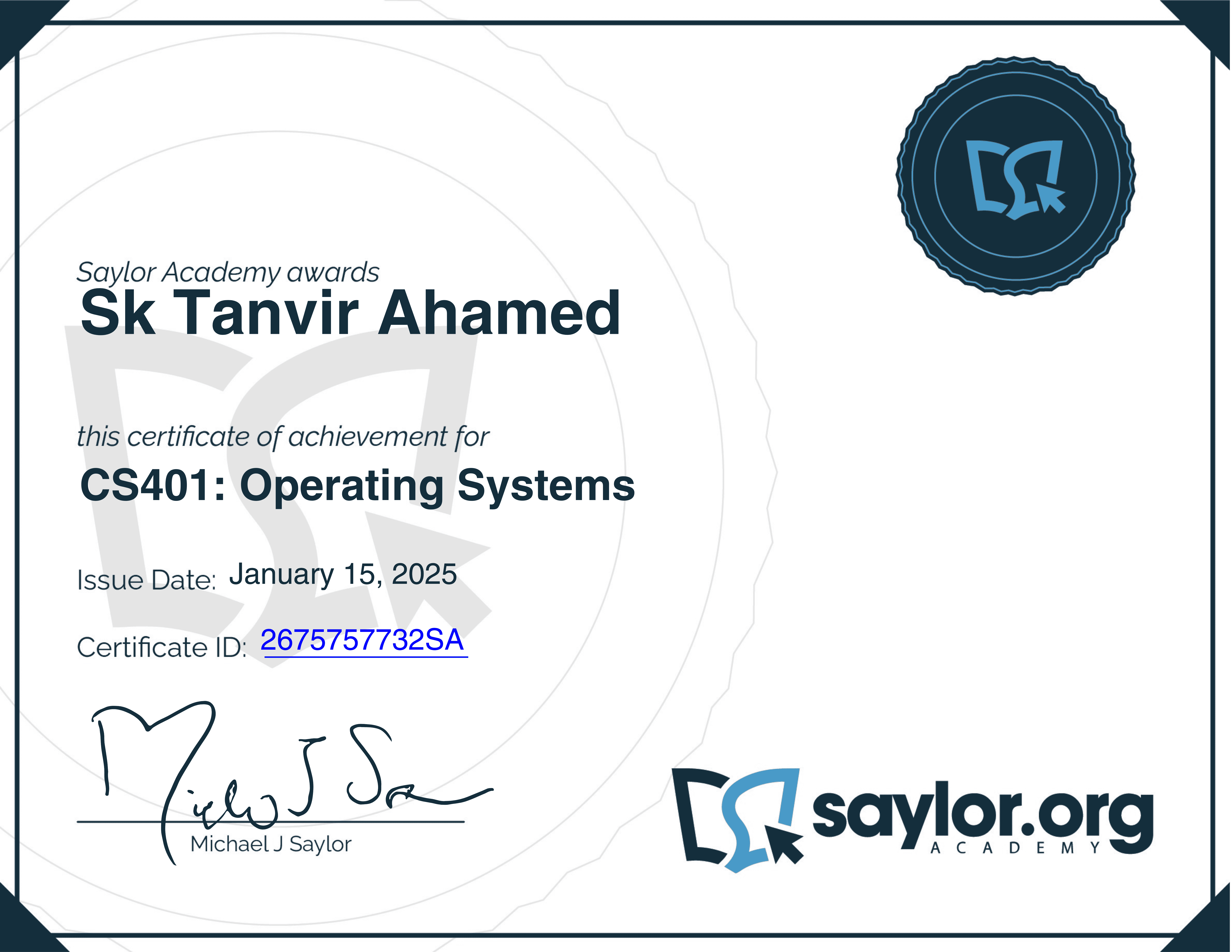 Operating Systems Certificate from Saylor Academy