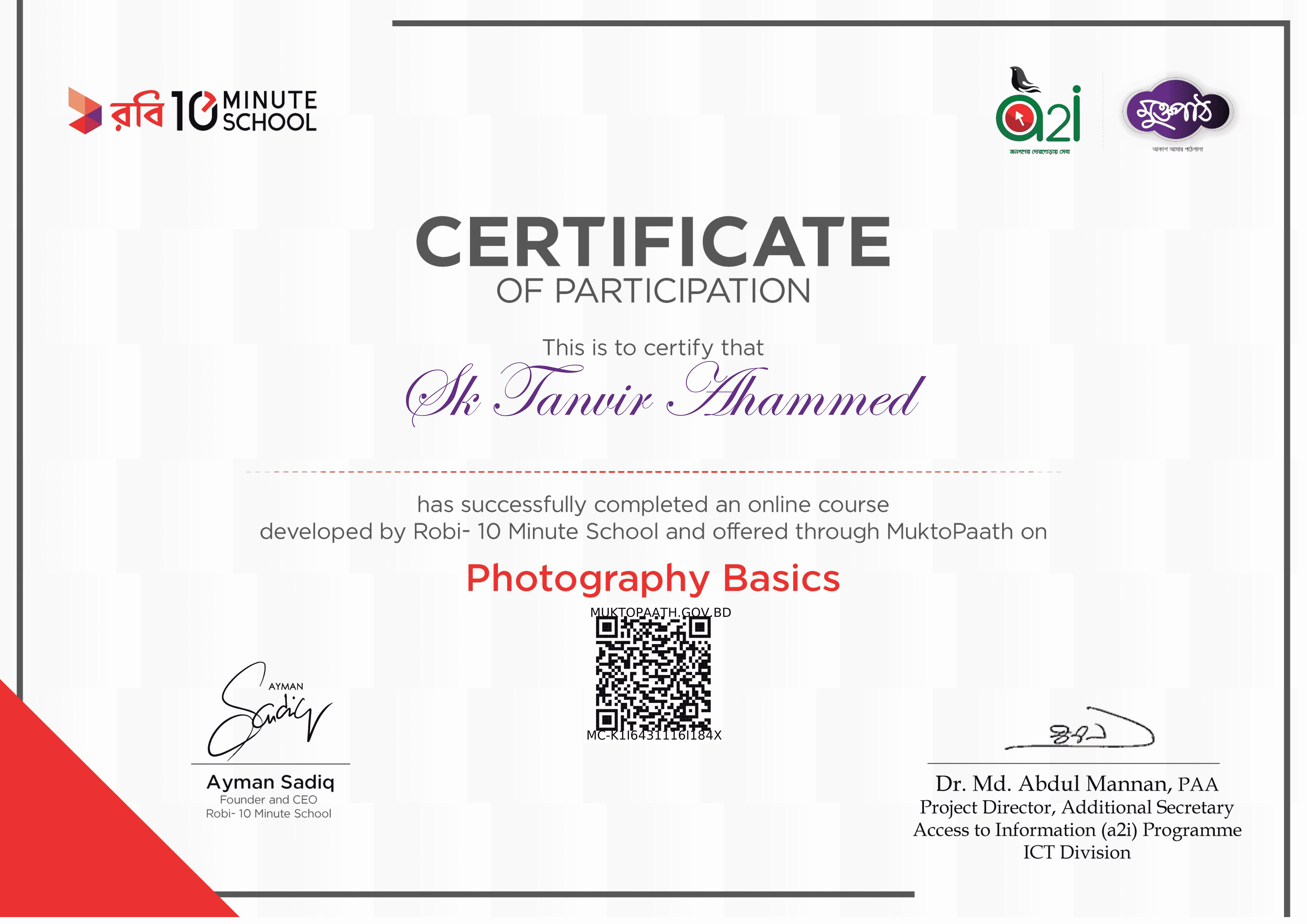 Photography Basics 20250115000151 Certificate from Robi 10 Minute School
